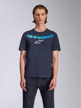 Alpinestars Collared CSF Tee, Short Sleeve T-Shirt, Navy Blue, Teal and light blue Alpinestars text graphic with white star logo, worn with dark denim, casual performance sportswear