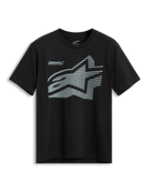 Alpinestars Fasting CSF Tee, Short Sleeve T-Shirt, Black, large grey geometric Astars logo with horizontal line pattern and Forward Innovation text, Casual Motorsport Sportswear