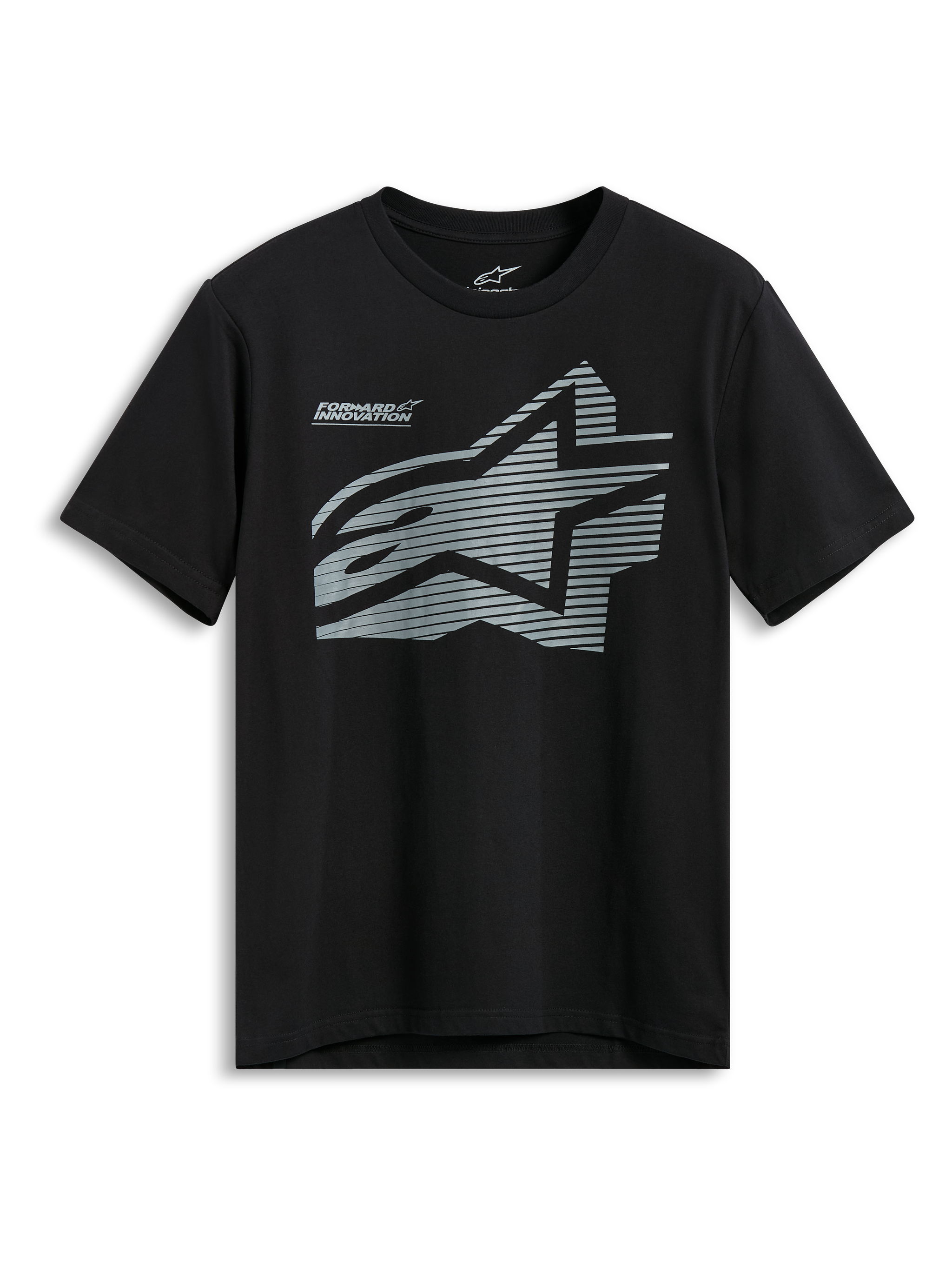 Alpinestars Fasting CSF Tee, Short Sleeve T-Shirt, Black, large grey geometric Astars logo with horizontal line pattern and Forward Innovation text, Casual Motorsport Sportswear