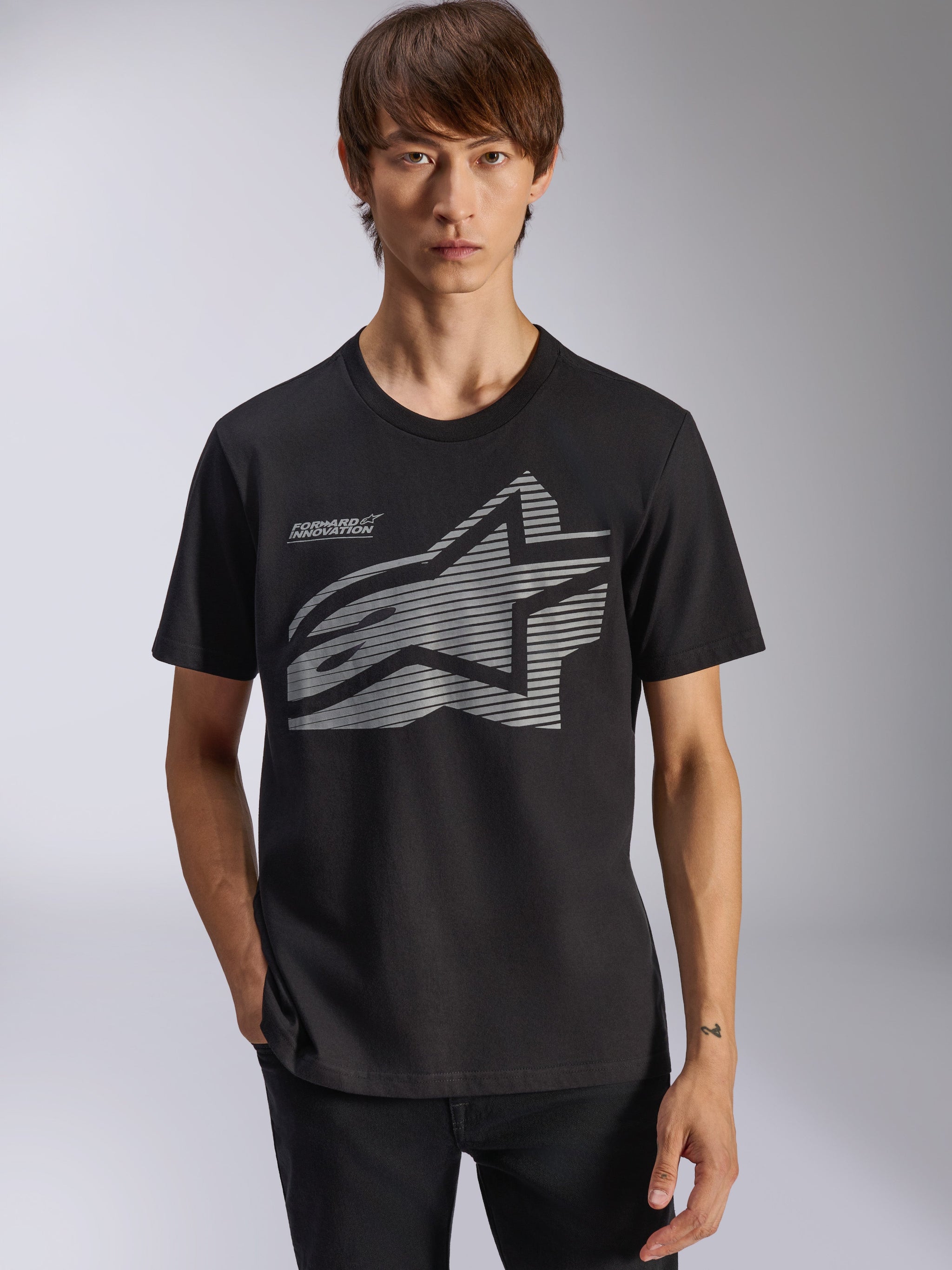 Alpinestars Fasting CSF Tee, Short Sleeve T-Shirt, Black, Large Gray Geometric Astars Star Logo, Forward Innovation Text, Casual Motorsport Streetwear