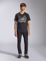Alpinestars Fasting CSF Tee, Short Sleeve T-Shirt, Black, Large Gray Geometric Astars Logo, worn by model with black pants and sneakers, casual motorsport streetwear