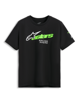 Alpinestars Entitled CSF Tee, Short Sleeve T-Shirt, Black, White Astars Logo with Green Text and Racing Ahead Print, Casual Motorsport Sportswear