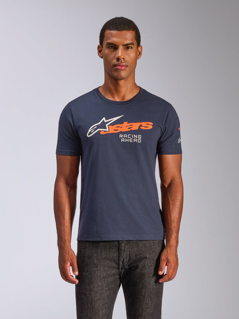 Alpinestars Entitled CSF Tee, Short Sleeve T-Shirt, Dark Blue, Orange and White Racing Ahead Logo, Casual Motorsport Apparel