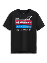 Alpinestars Harken CSF Tee, Short Sleeve T-Shirt, Black, featuring race-spec multi-logos with red and blue striped accents and "Racing Ahead" text, Casual Motorsport Sportswear