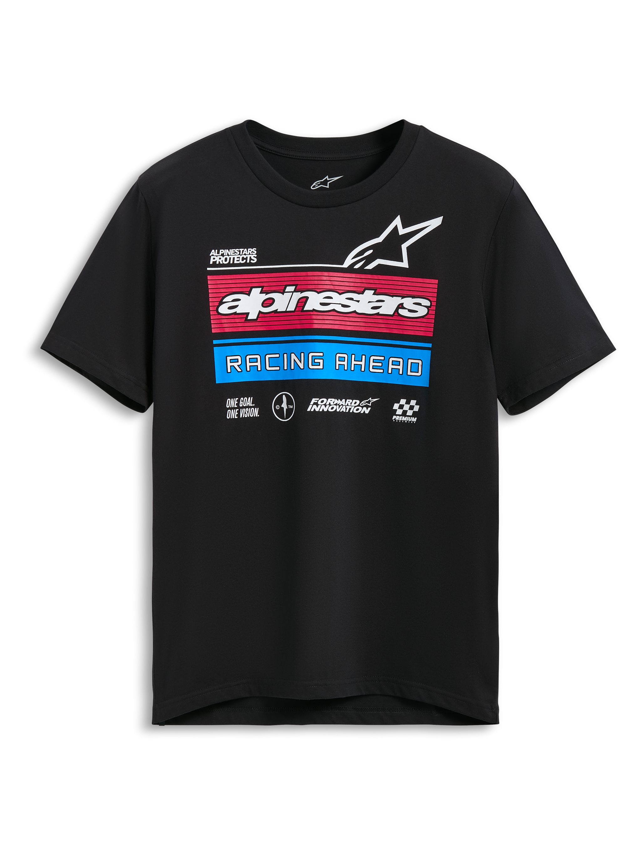 Alpinestars Harken CSF Tee, Short Sleeve T-Shirt, Black, featuring race-spec multi-logos with red and blue striped accents and "Racing Ahead" text, Casual Motorsport Sportswear