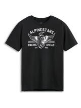 Alpinestars Heritage Patch CSF Tee, Short Sleeve T-Shirt, Black, White Winged Wheel Graphic with Alpinestars Racing Ahead Text and Checkered Detail, Casual Motorsport Sportswear