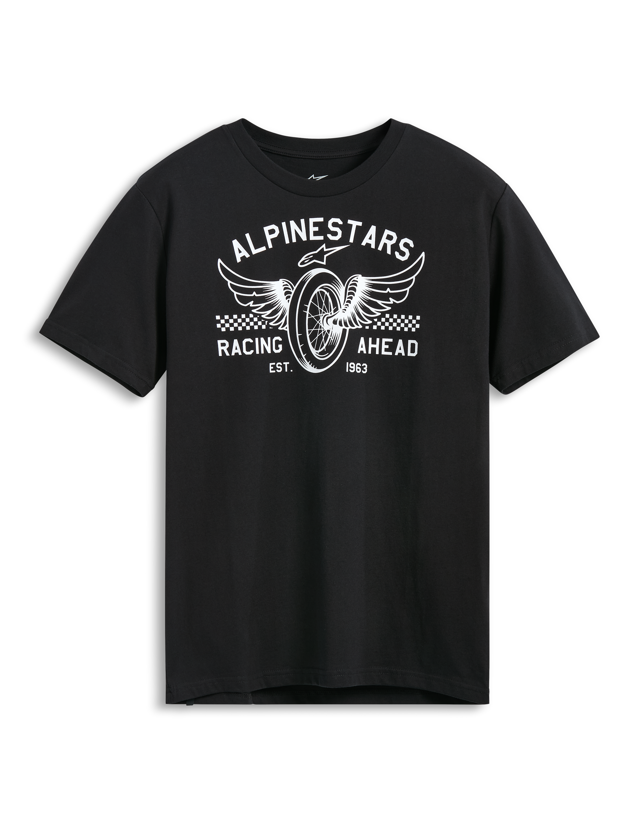 Alpinestars Heritage Patch CSF Tee, Short Sleeve T-Shirt, Black, White Winged Wheel Graphic with Alpinestars Racing Ahead Text and Checkered Detail, Casual Motorsport Sportswear