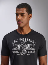 Alpinestars Heritage Patch CSF Tee, Short Sleeve T-Shirt, Black, White front graphic featuring a winged wheel and Racing Ahead text, Casual motorsport streetwear
