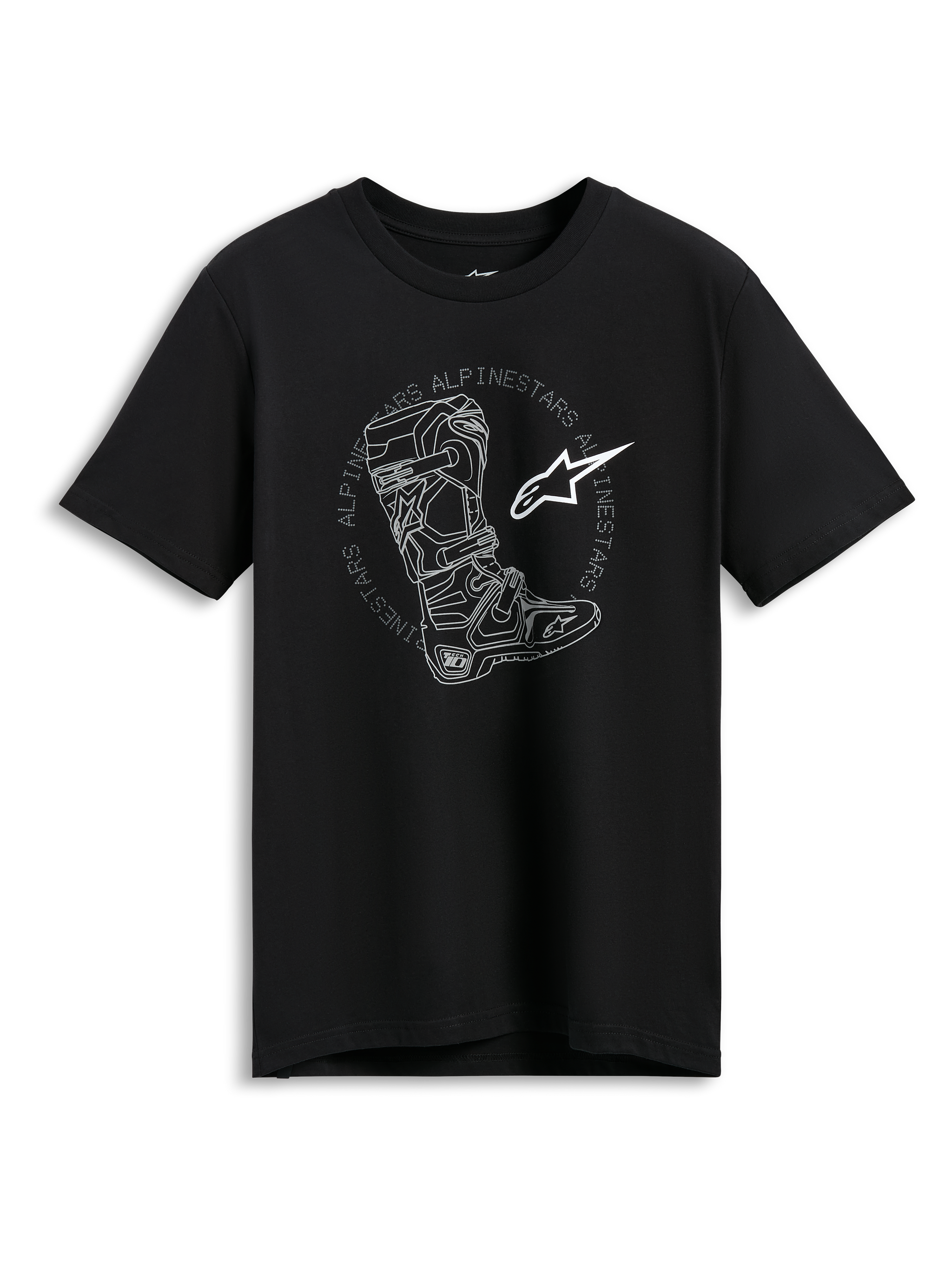 Alpinestars Tech Boot CSF T-Shirt, black short sleeve sportswear tee with a white motocross boot and star logo graphic.
