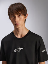 Alpinestars Frontal CSF Tee, Short Sleeve T-Shirt, Black, White Astars Logo on Chest, Worn by Male Model, Casual Performance Sportswear