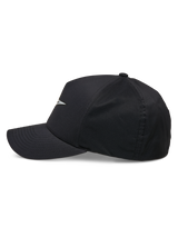 Alpinestars Ageless Reflex Waterproof Hat, Black, side profile view of a curved bill cap with a structured crown, featuring a reflective Astars logo and waterproof technical fabric, casual performance headwear