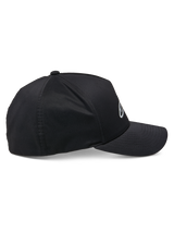 Alpinestars Ageless Reflex Waterproof Hat, Black, side profile view, curved bill with structured crown, technical waterproof fabric with reflective logo detail, casual performance headwear