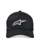 Alpinestars Ageless Reflex Waterproof Hat, Curved Bill Baseball Cap, Black, featuring a reflective silver Astars logo on the front, structured crown and technical waterproof fabric, front view
