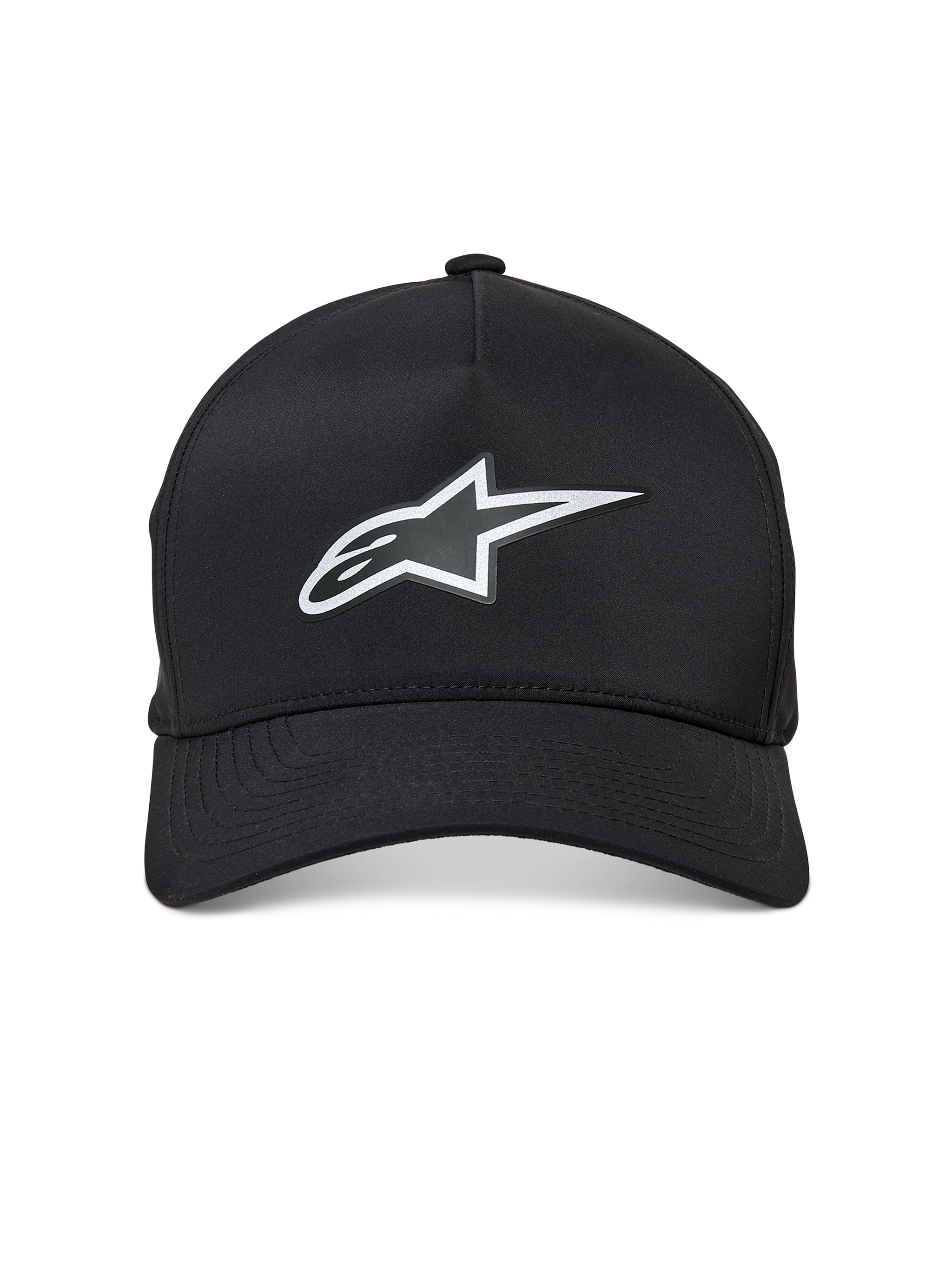 Alpinestars Ageless Reflex Waterproof Hat, Curved Bill Baseball Cap, Black, featuring a reflective silver Astars logo on the front, structured crown and technical waterproof fabric, front view