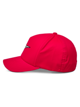 Alpinestars Ageless Reflex Waterproof Hat, Red Baseball Cap, side profile view showing curved bill and structured crown, reflective Astars logo on the front, casual performance sportswear