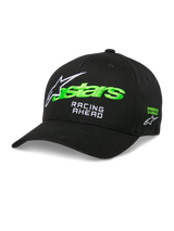 Alpinestars Entitled Hat, Black Baseball Cap with Green and White Embroidery, Curved Brim, Racing Ahead Logo, Unisex Motorsports Headwear