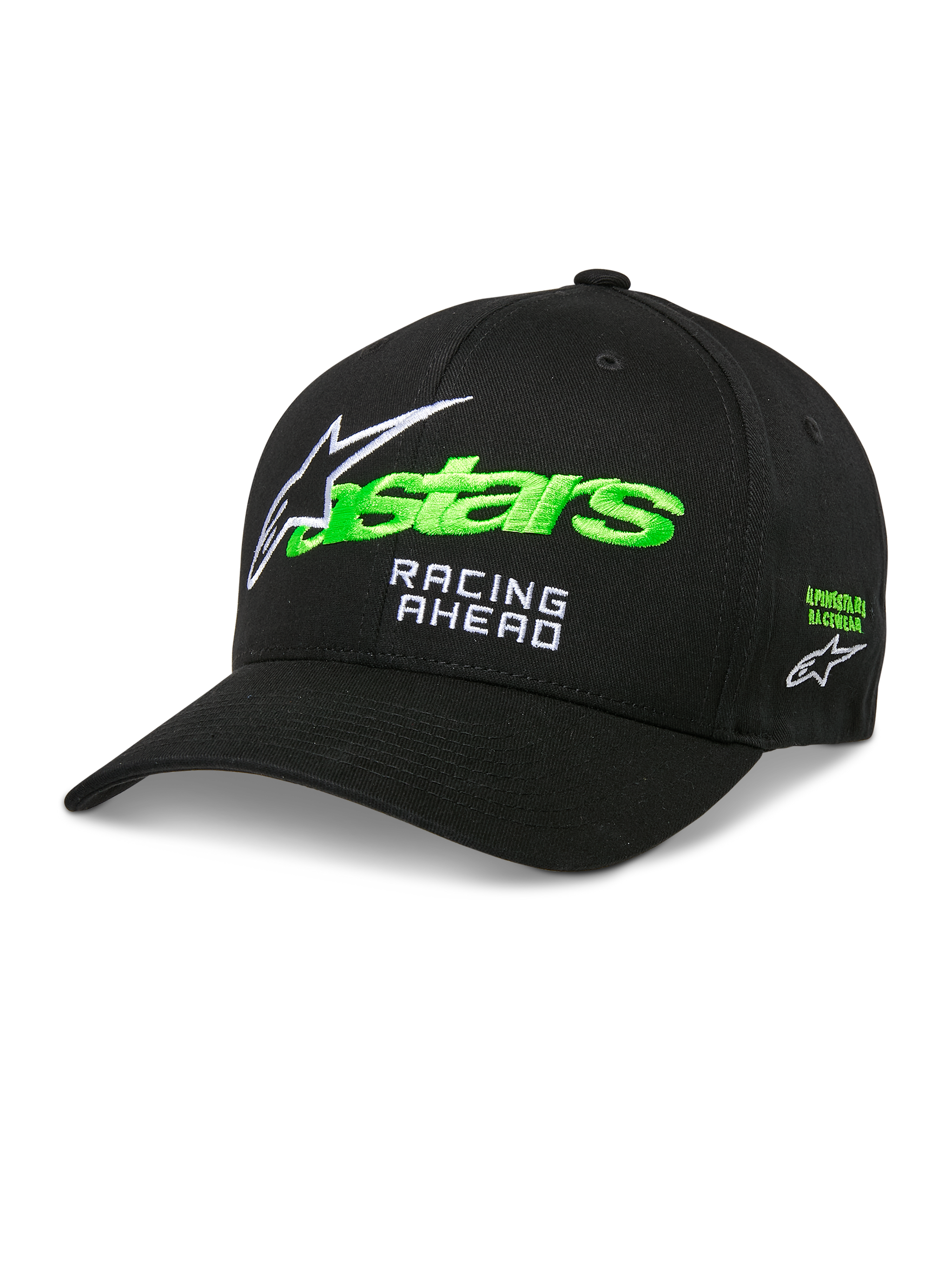 Alpinestars Entitled Hat, Black Baseball Cap with Green and White Embroidery, Curved Brim, Racing Ahead Logo, Unisex Motorsports Headwear