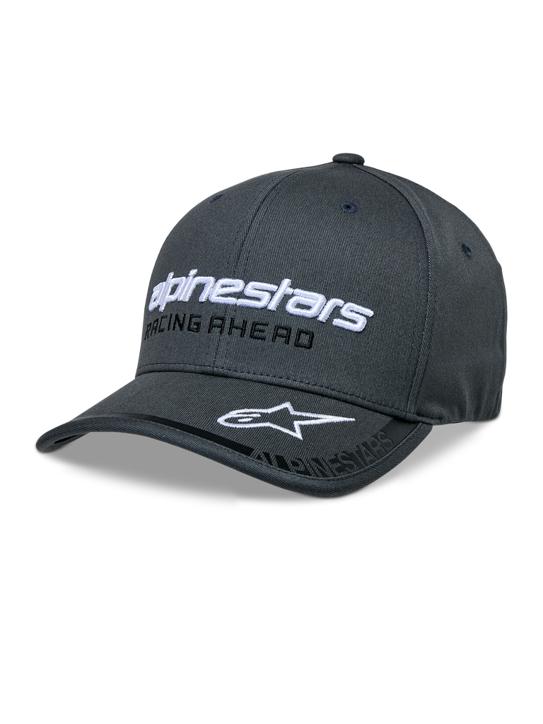 Alpinestars Indent Hat, Dark Gray Baseball Cap, White Embroidered Logo, Racing Ahead Text, Curved Brim with Star Logo, Six-Panel Structured Design