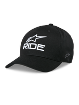 Alpinestars Ride Sonic Hat, Black Baseball Cap, White 3D Embroidered Star Logo and RIDE Text, Curved Bill, Structured Crown, Casual Motorsport Headwear