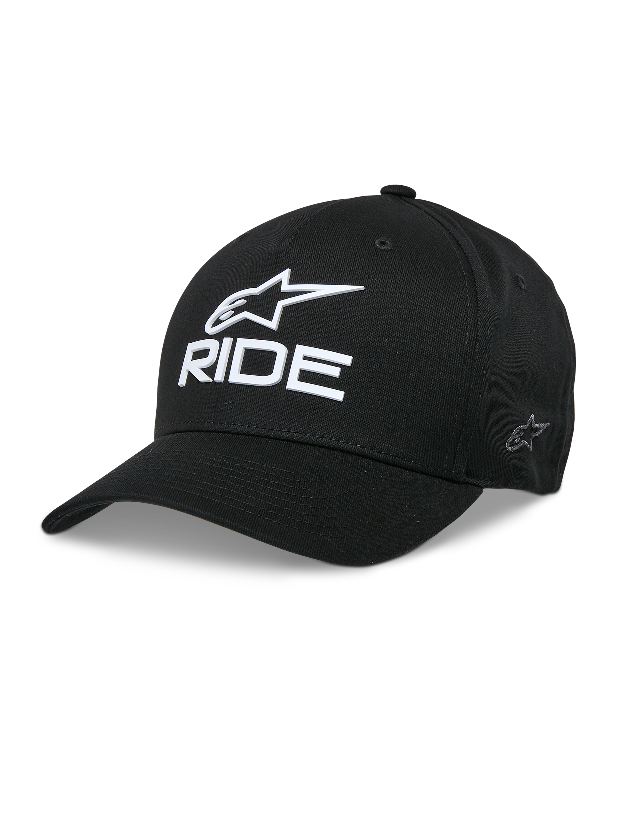 Alpinestars Ride Sonic Hat, Black Baseball Cap, White 3D Embroidered Star Logo and RIDE Text, Curved Bill, Structured Crown, Casual Motorsport Headwear