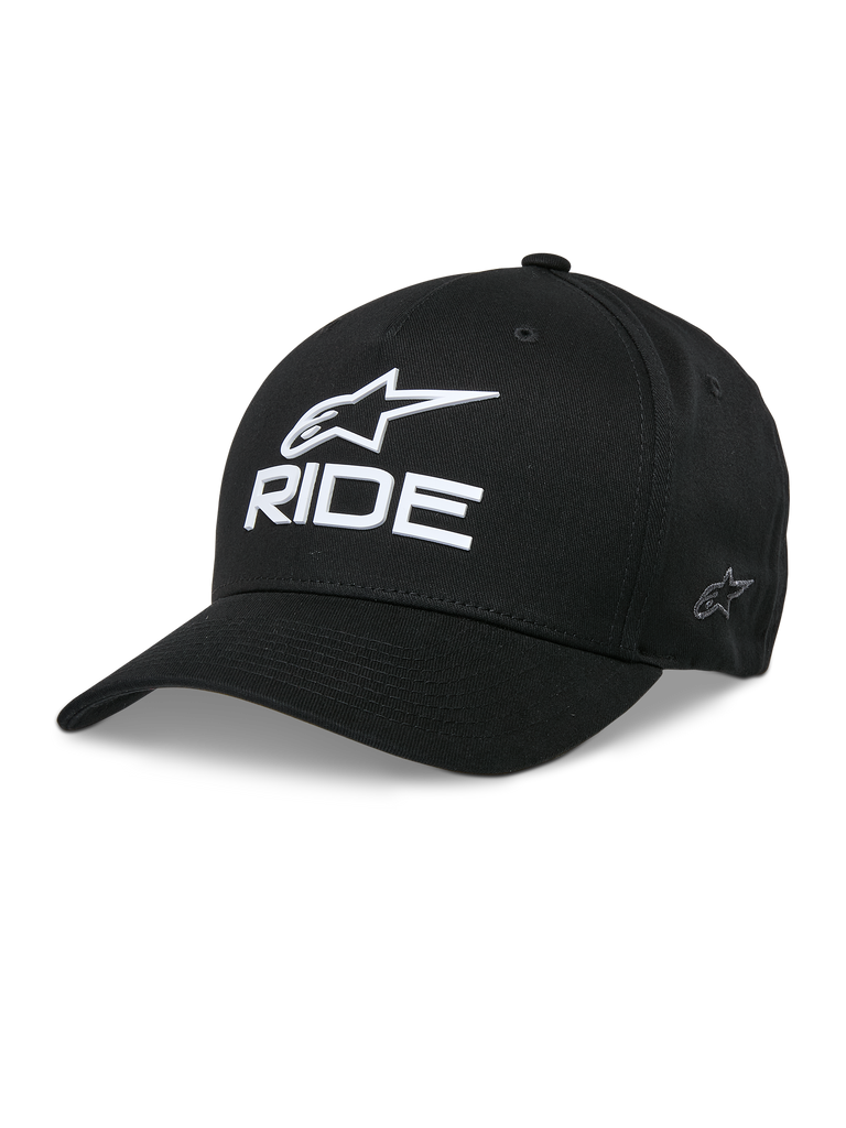 Alpinestars Ride Sonic Hat, Black Baseball Cap, White 3D Embroidered Star Logo and RIDE Text, Curved Bill, Structured Crown, Casual Motorsport Headwear