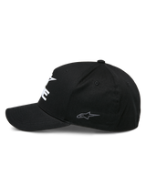 Alpinestars Ride Sonic Hat, structured baseball cap, Black, side profile view featuring a curved bill and small grey embroidered star logo on the side panel, stretch twill fabric, casual motorsport headwear