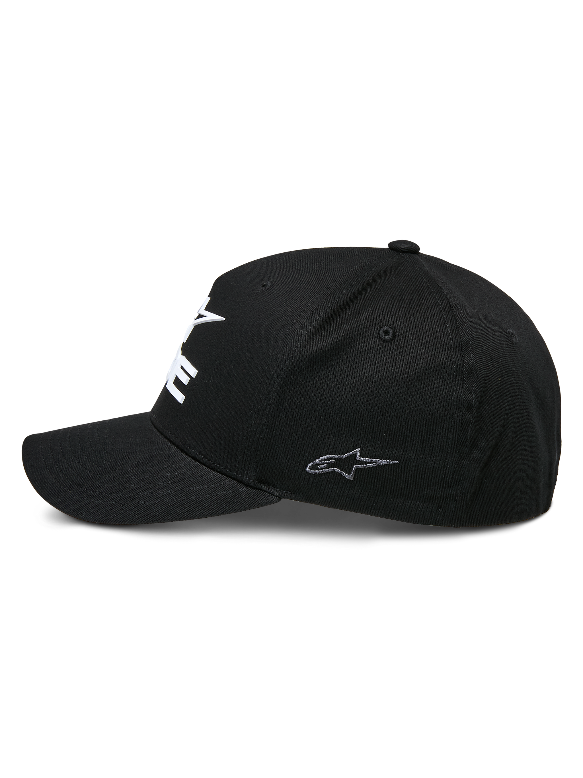 Alpinestars Ride Sonic Hat, structured baseball cap, Black, side profile view featuring a curved bill and small grey embroidered star logo on the side panel, stretch twill fabric, casual motorsport headwear
