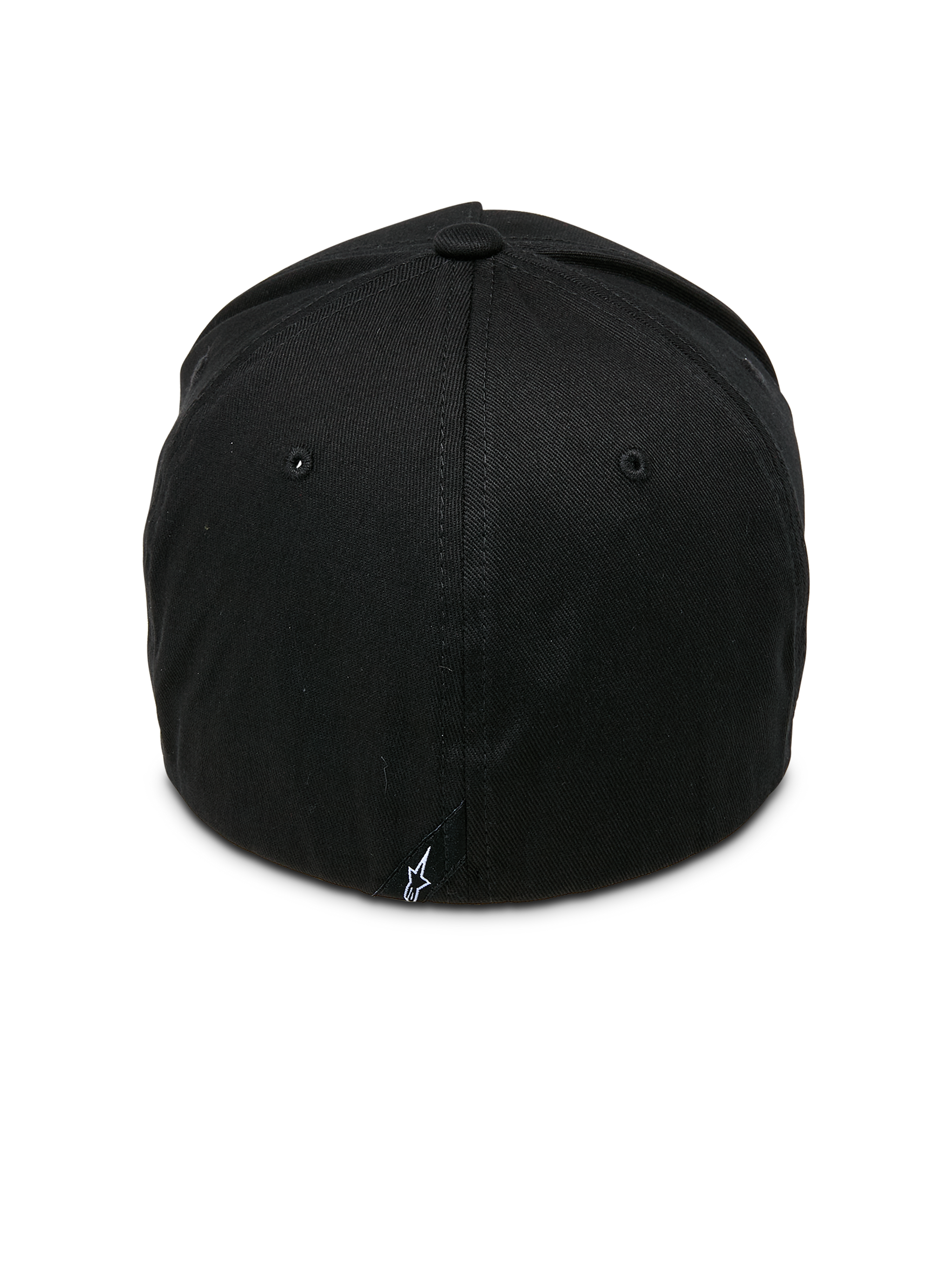 Alpinestars Ride Sonic Hat, Black and White, rear view featuring structured crown and flex-back construction, small white star logo tag, casual motorsport-inspired headwear