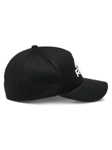 Alpinestars Ride Sonic Hat, side profile view, black with white 3D embroidered logo, curved bill, structured crown, stretch twill fabric, casual motorsport headwear
