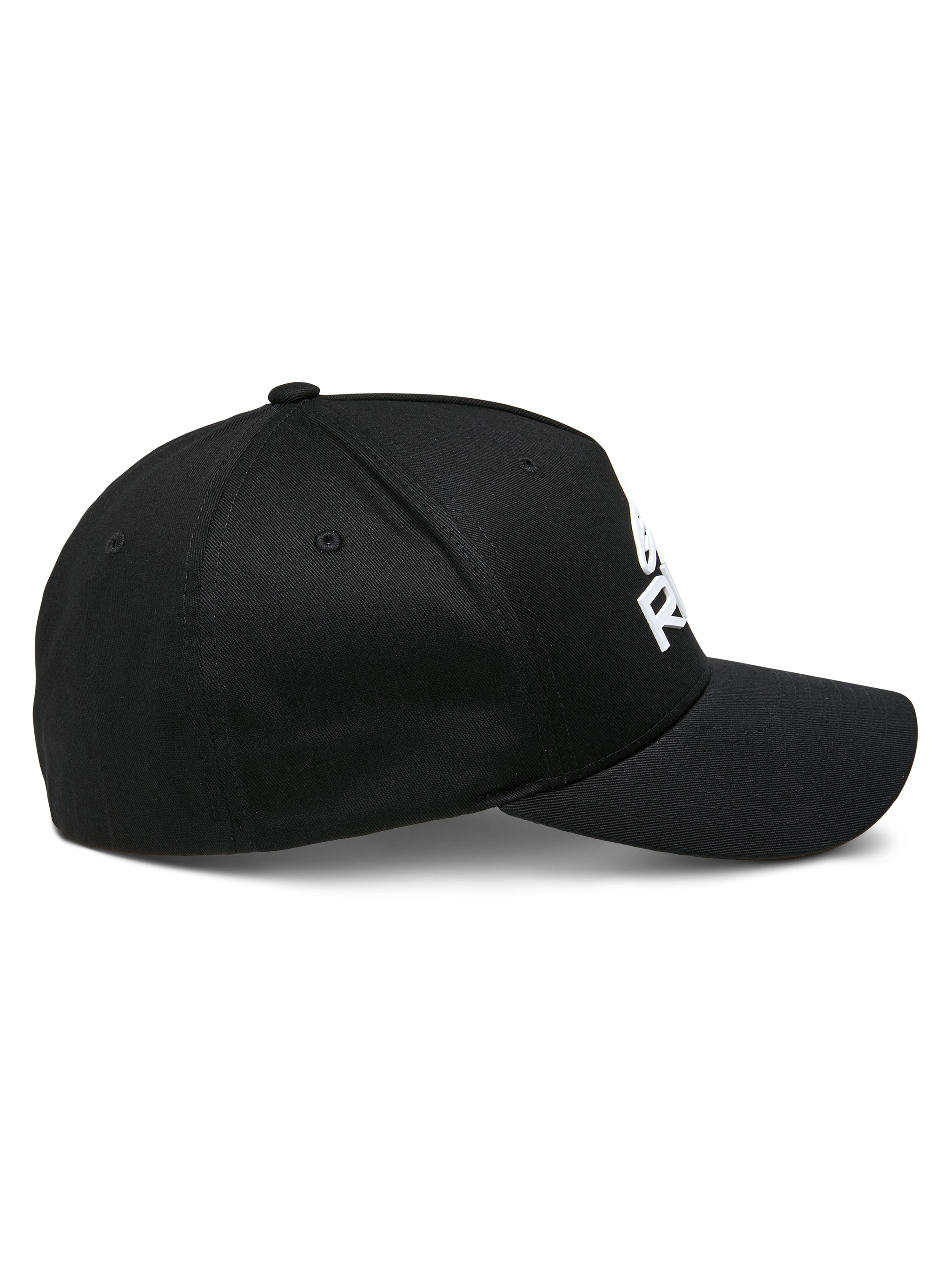 Alpinestars Ride Sonic Hat, side profile view, black with white 3D embroidered logo, curved bill, structured crown, stretch twill fabric, casual motorsport headwear