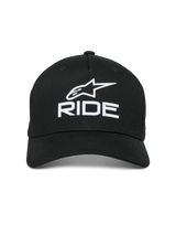 Alpinestars Ride Sonic Hat, Black, features white 3D embroidered logo with the Alpinestars star and 'RIDE' lettering, curved bill, structured crown, casual motorsport-inspired streetwear