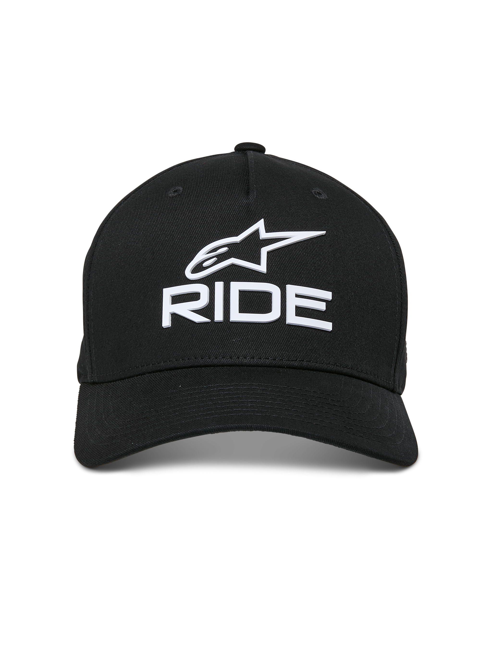 Alpinestars Ride Sonic Hat, Black, features white 3D embroidered logo with the Alpinestars star and 'RIDE' lettering, curved bill, structured crown, casual motorsport-inspired streetwear