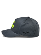 Alpinestars Ride Sonic Hat, Charcoal and Hi-Vis Yellow, side profile view showing curved bill and structured crown, 3D embroidered yellow logo on front and small black star logo on side panel, casual motorsport headwear