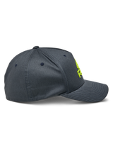 Alpinestars Ride Sonic Hat, side profile view, charcoal gray with hi-vis yellow 3D embroidered logo, curved bill and structured crown, stretch twill casual motorsport headwear