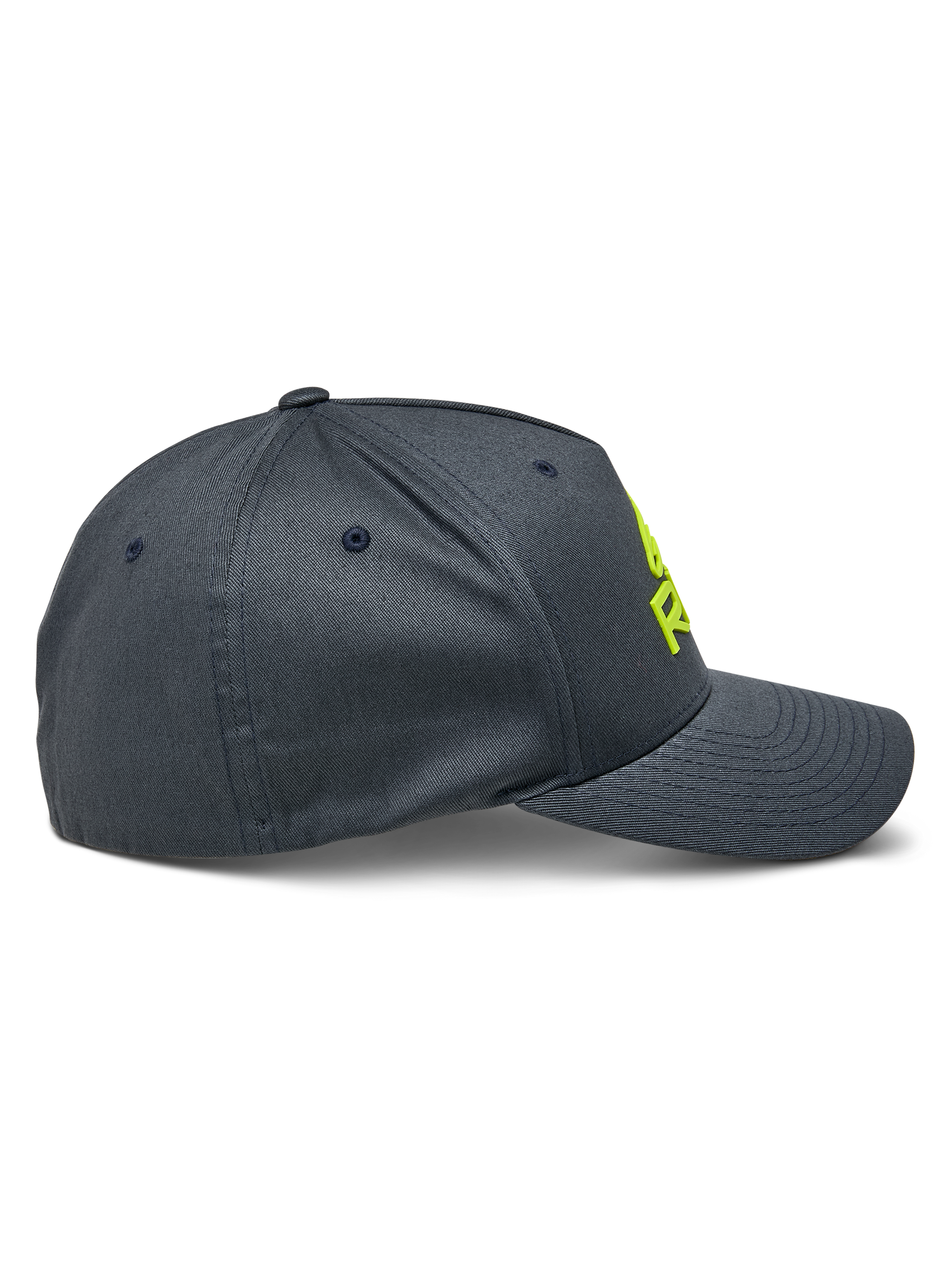 Alpinestars Ride Sonic Hat, side profile view, charcoal gray with hi-vis yellow 3D embroidered logo, curved bill and structured crown, stretch twill casual motorsport headwear