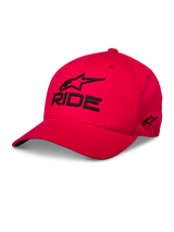 Alpinestars Ride Sonic Hat, Red Baseball Cap, Black 3D embroidered 'RIDE' and Alpinestars logo, curved brim, structured crown, casual motorsport streetwear