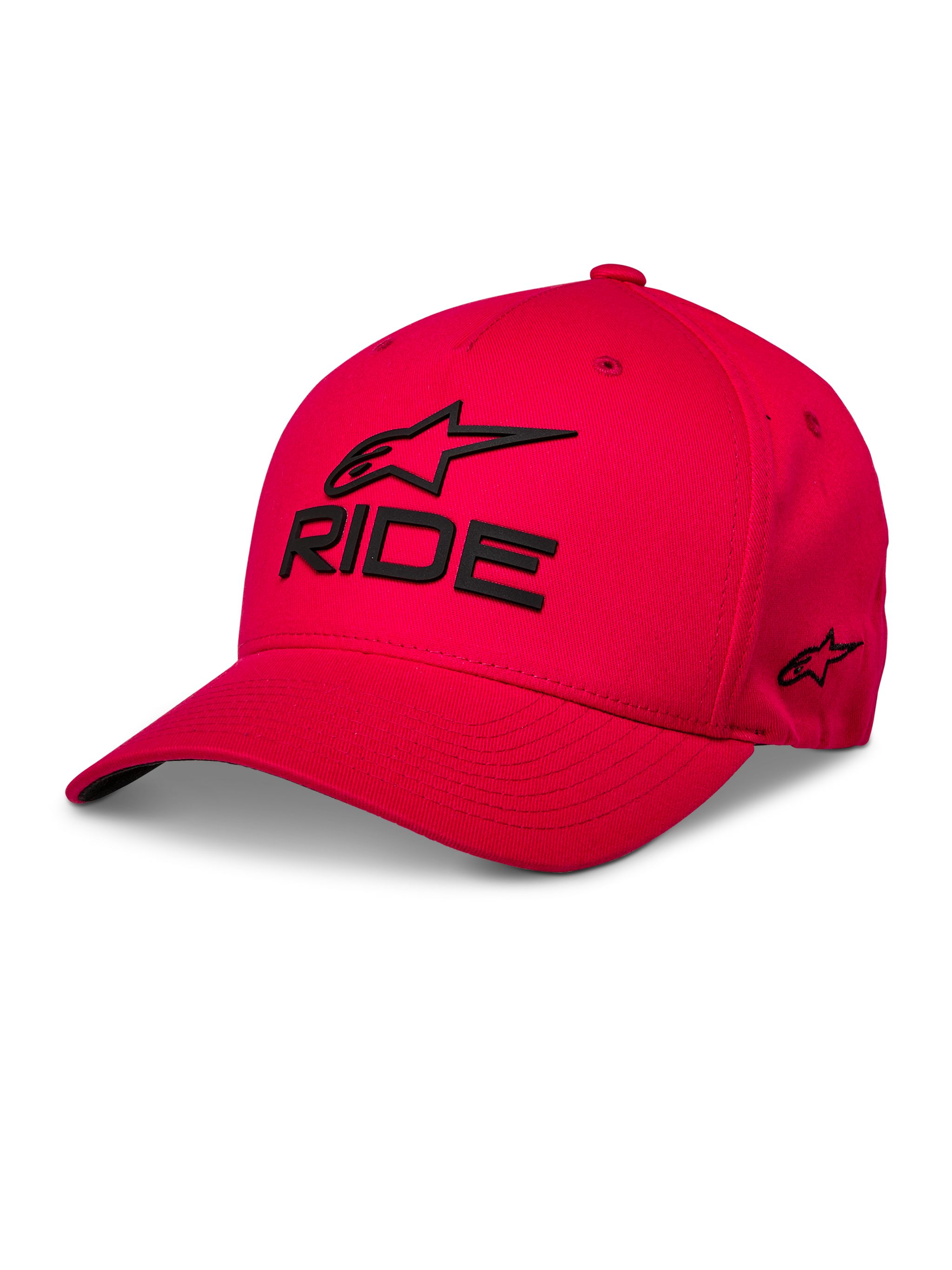 Alpinestars Ride Sonic Hat, Red Baseball Cap, Black 3D embroidered 'RIDE' and Alpinestars logo, curved brim, structured crown, casual motorsport streetwear