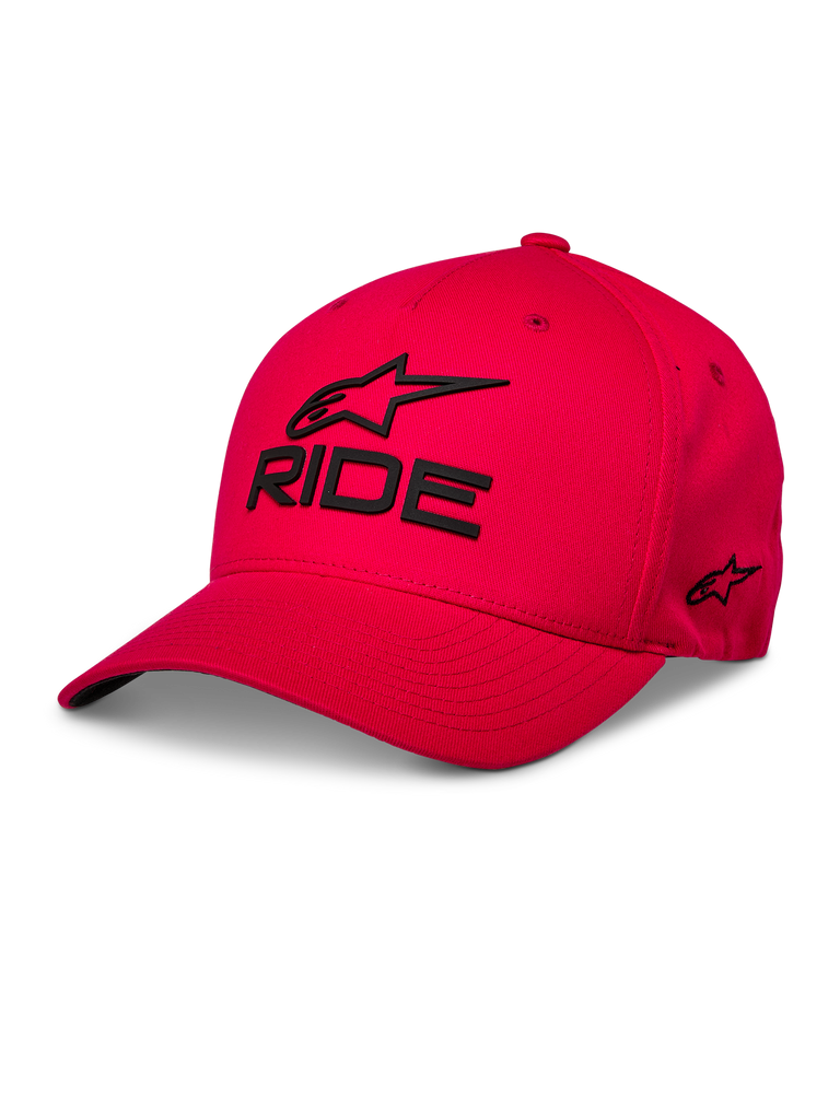 Alpinestars Ride Sonic Hat, Red Baseball Cap, Black 3D embroidered 'RIDE' and Alpinestars logo, curved brim, structured crown, casual motorsport streetwear