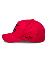 Alpinestars Ride Sonic Hat, Sportswear Cap, Red, Profile view featuring curved bill and structured crown, black 3D embroidered logo and star detail, casual motorsport-inspired design