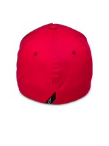 Alpinestars Ride Sonic Hat, back view of red baseball cap, structured crown with flex back design, small black tag with white Alpinestars star logo on the rear, casual red stretch twill headwear