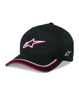 Alpinestars Ascension Snapback Hat, Black Baseball Cap with White and Red 3D Embroidered Star Logo, Curved Brim with Red and White Piping, Structured Crown, Casual Motorsport Headwear