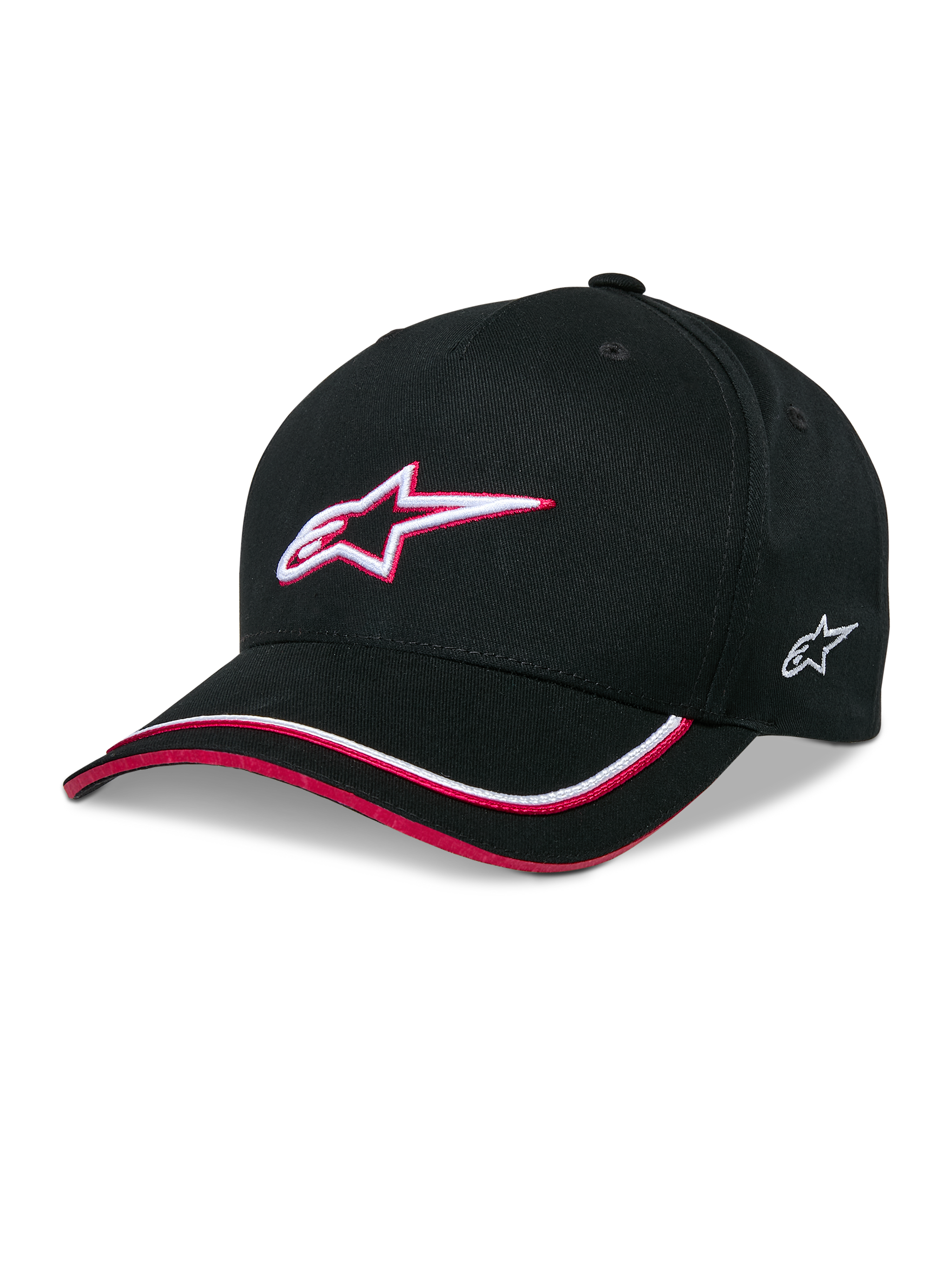 Alpinestars Ascension Snapback Hat, Black Baseball Cap with White and Red 3D Embroidered Star Logo, Curved Brim with Red and White Piping, Structured Crown, Casual Motorsport Headwear