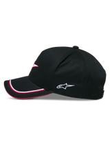 Alpinestars Ascension Snapback Hat, Black and Red, side profile view, curved bill with red and white piping, white embroidered Astars logo, structured crown, casual motorsport headwear
