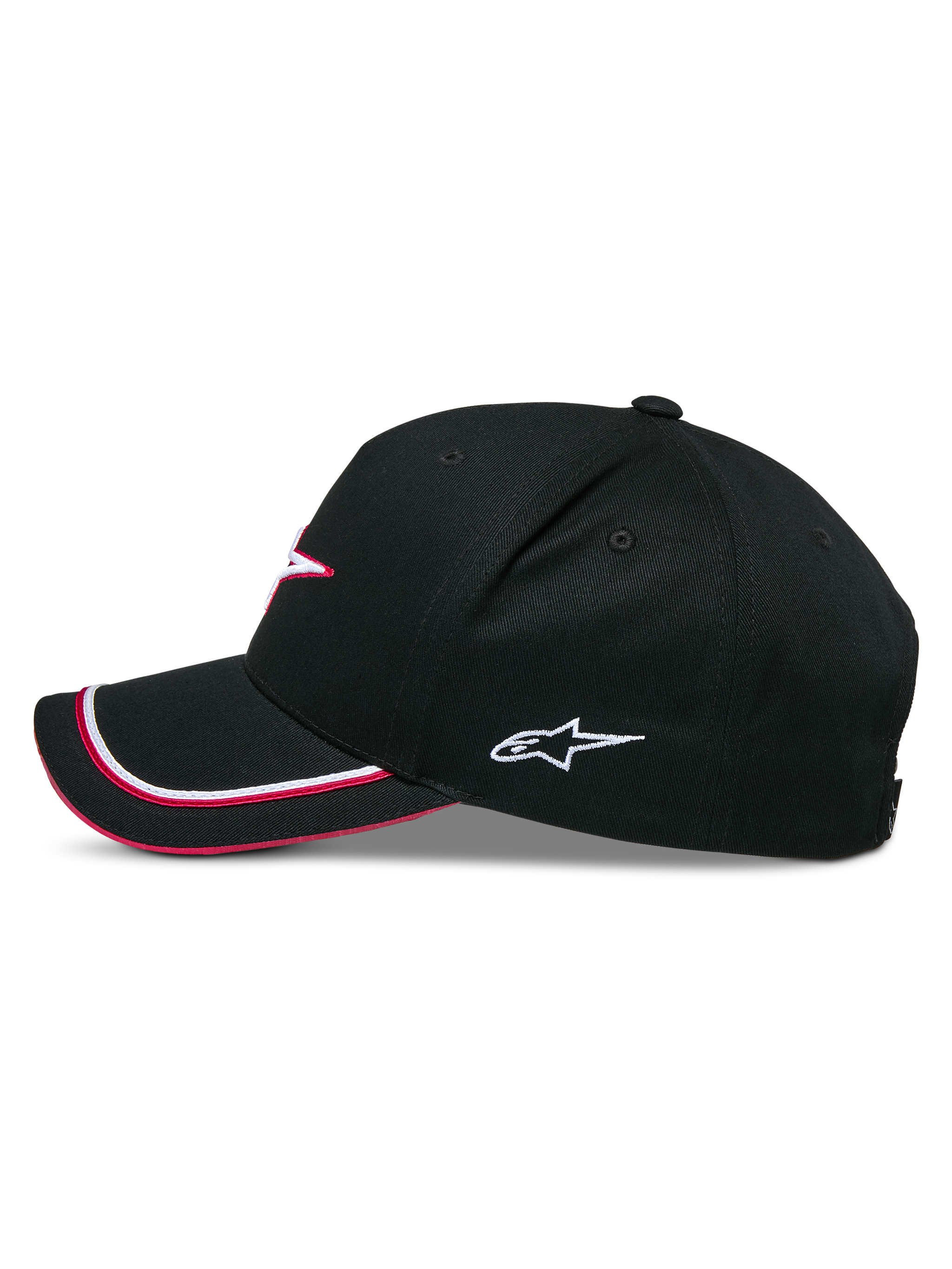 Alpinestars Ascension Snapback Hat, Black and Red, side profile view, curved bill with red and white piping, white embroidered Astars logo, structured crown, casual motorsport headwear