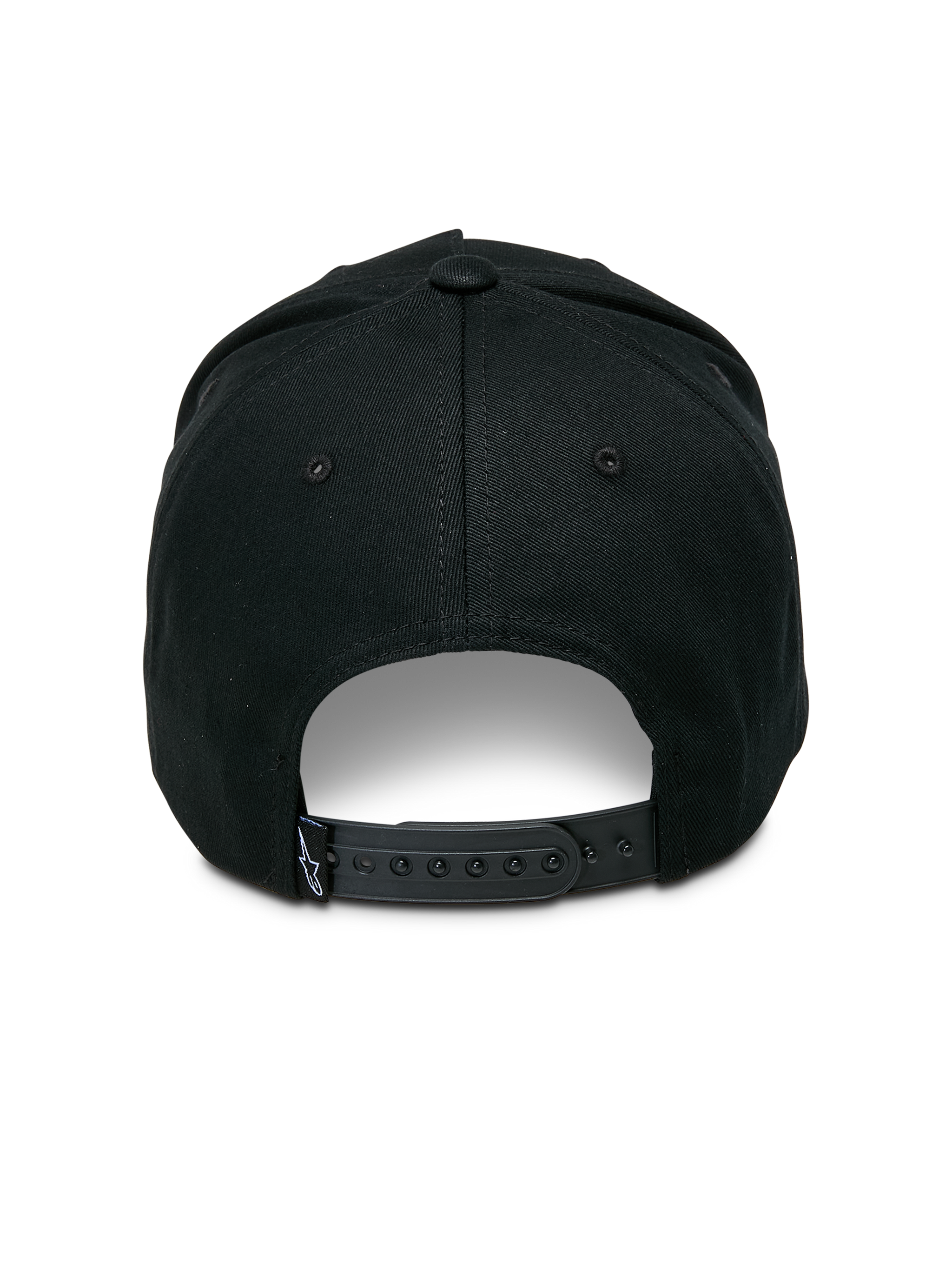 Alpinestars Ascension Snapback Hat, back view, black cotton twill, adjustable plastic snapback closure with small white Astars logo tag, casual streetwear design