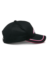 Alpinestars Ascension Snapback Hat, Black and Red, profile view featuring a structured crown and curved bill with double sutache trim, 3D embroidered logo detail, casual motorsport-inspired headwear
