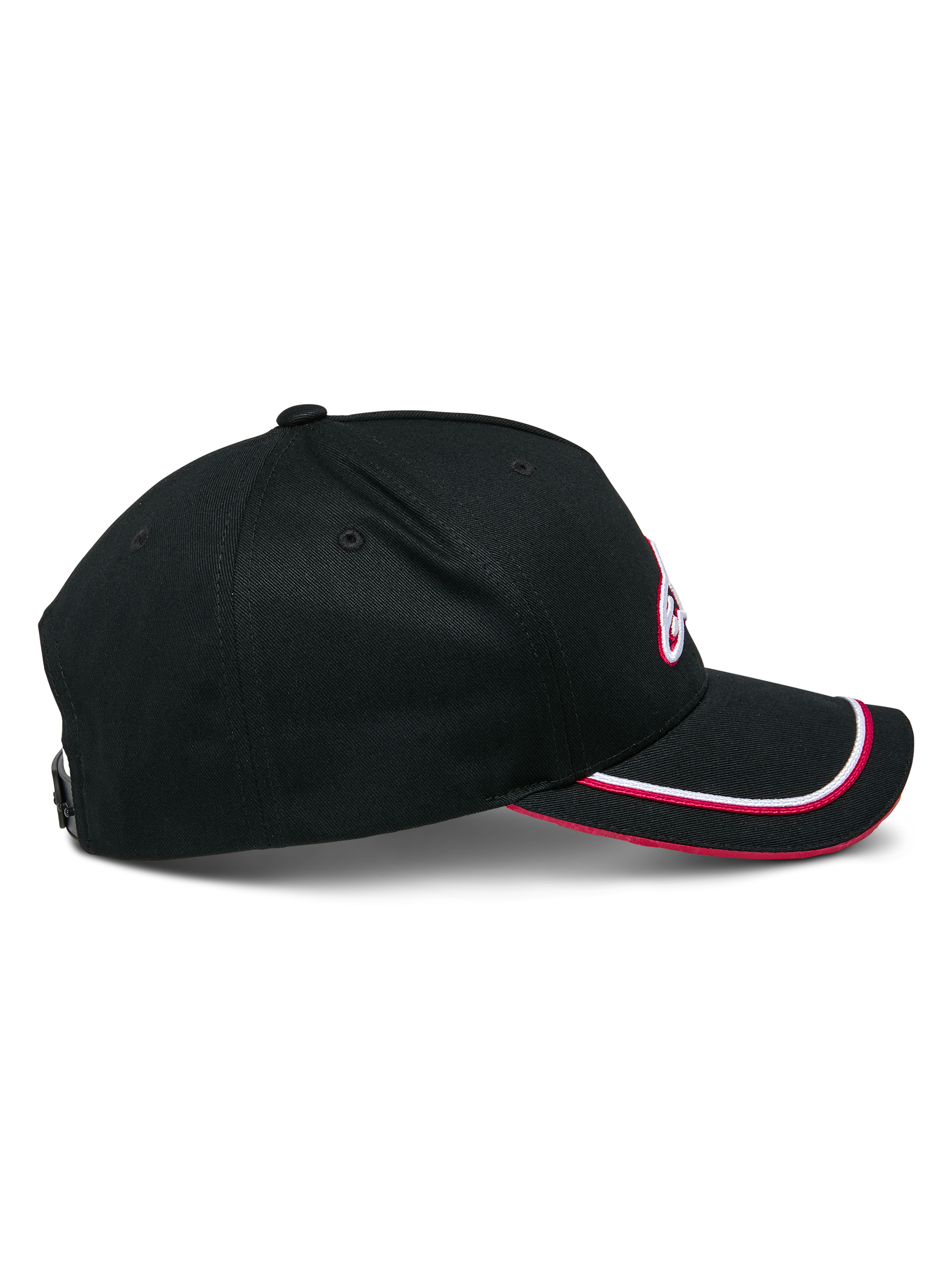 Alpinestars Ascension Snapback Hat, Black and Red, profile view featuring a structured crown and curved bill with double sutache trim, 3D embroidered logo detail, casual motorsport-inspired headwear