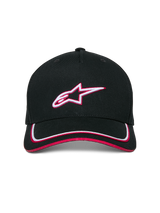 Alpinestars Ascension Snapback Hat, Black and Red, featuring a structured crown with a 3D embroidered Astars logo, curved bill with white and red double sutache trim, casual motorsport streetwear