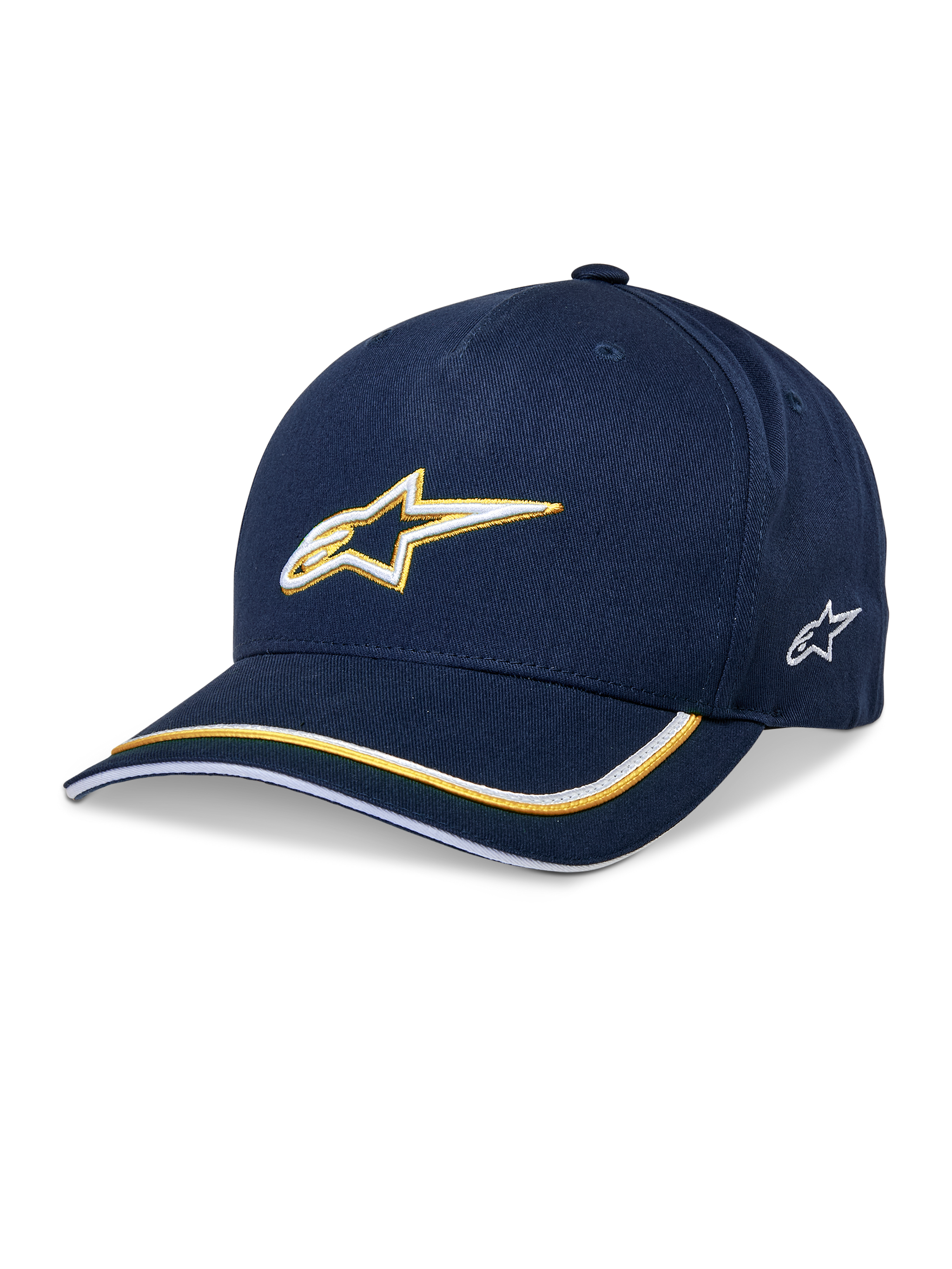 Alpinestars Ascension Snapback Hat, Baseball Cap, Navy Blue and Gold, 3D embroidered Astars logo, curved brim with yellow and white stripes, casual motorsport headwear