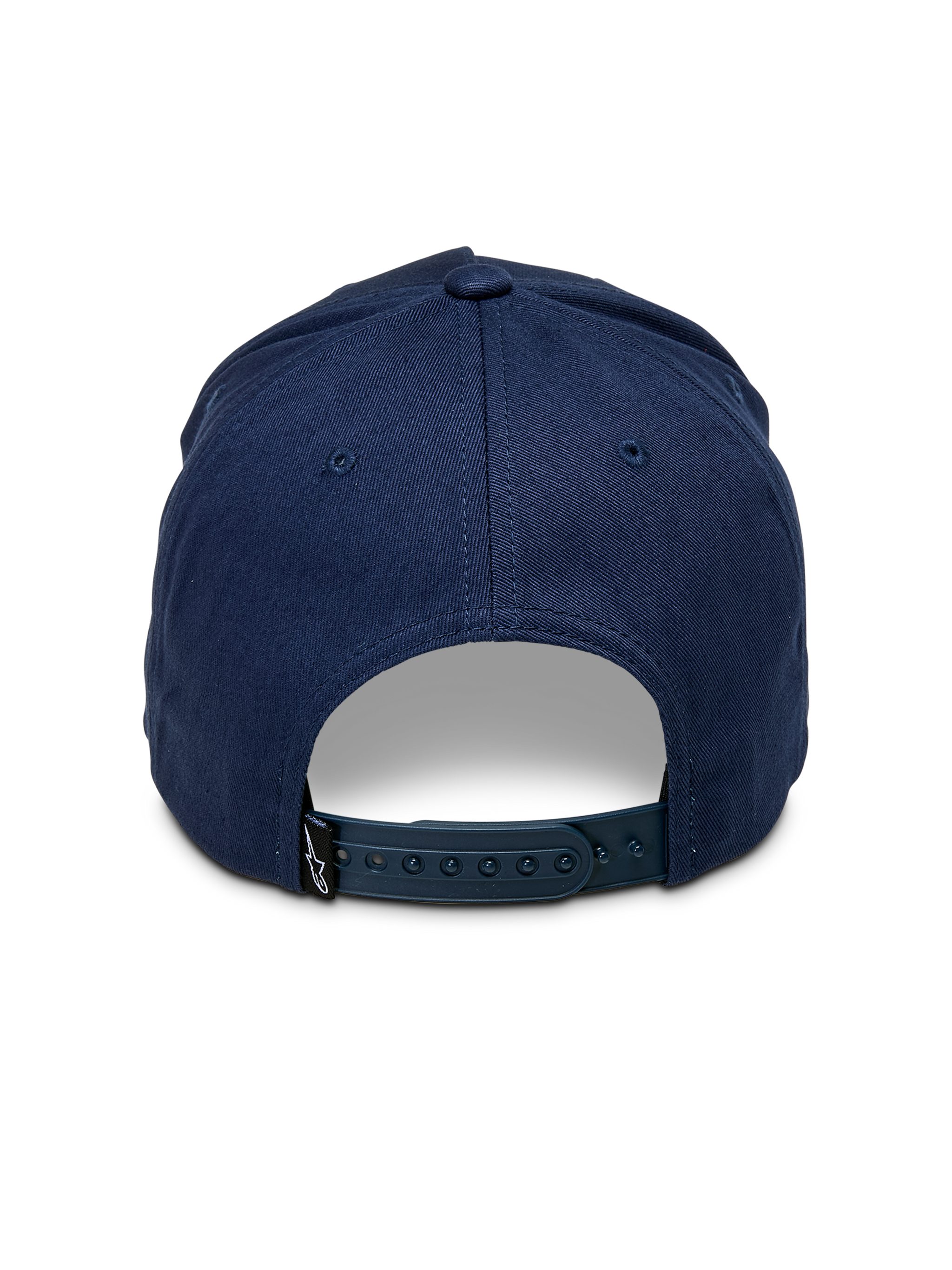 Alpinestars Ascension Snapback Hat, Navy Blue, back view showing adjustable snap closure and structured crown, small black Astars logo tag, casual motorsport streetwear